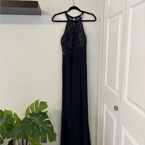 Elegant Navy Lace Halter Dress